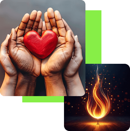 Flame of Hope - Hands holding a heart and flame representing care and hope